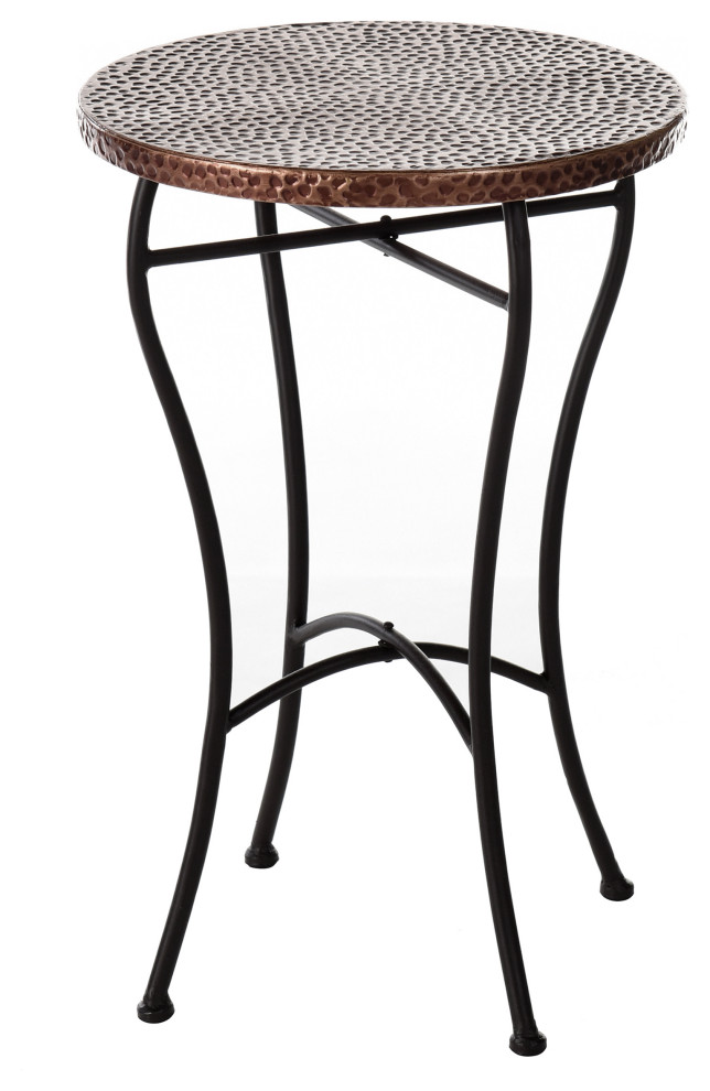 Round accent table with hammered copper top and metal legs 23 X 16 X 16