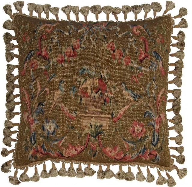 Throw Pillow Aubusson Floral Pattern with Birds 22x22 Olive Green Traditional Decorative