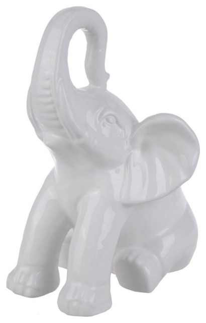 Benzara BM220541 Ceramic Baby Elephant Figurine With Raised Trunk, White