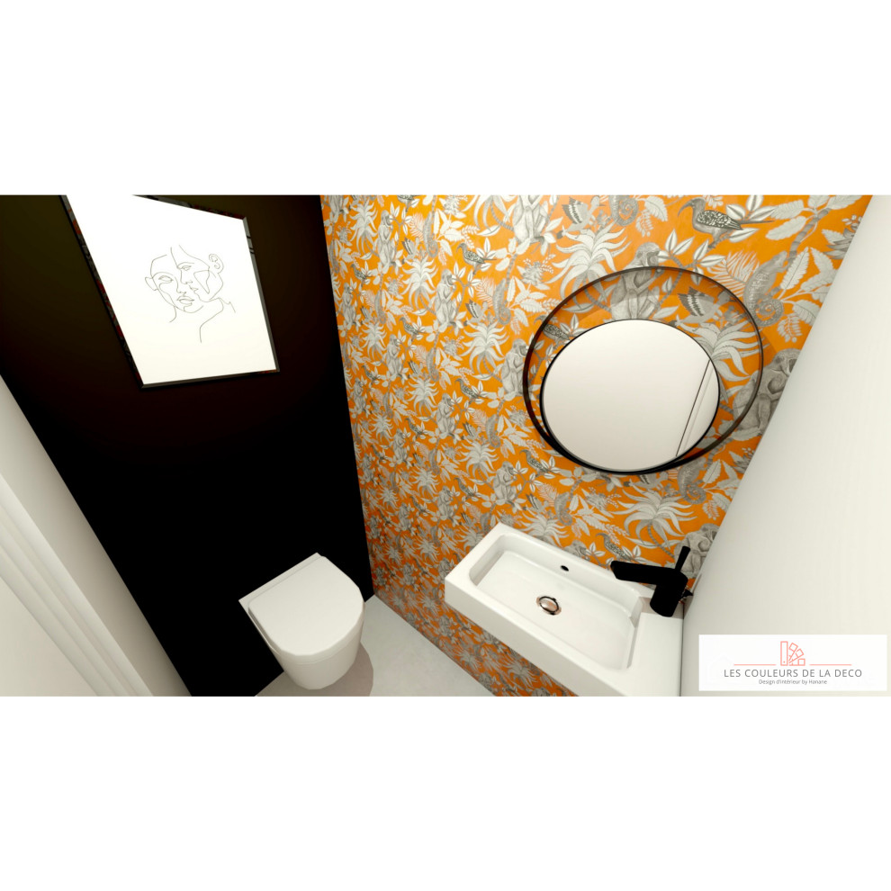 Idée de décoration pour un petit WC suspendu minimaliste avec un mur noir, un sol en carrelage de céramique, un lavabo suspendu, un sol gris et du papier peint.