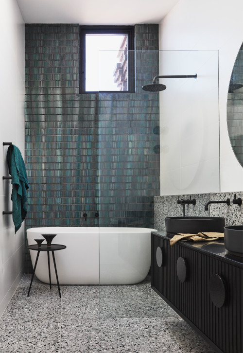 Luxury Blue and White Bathroom Ideas: Black Vanity and Teal Tiles
