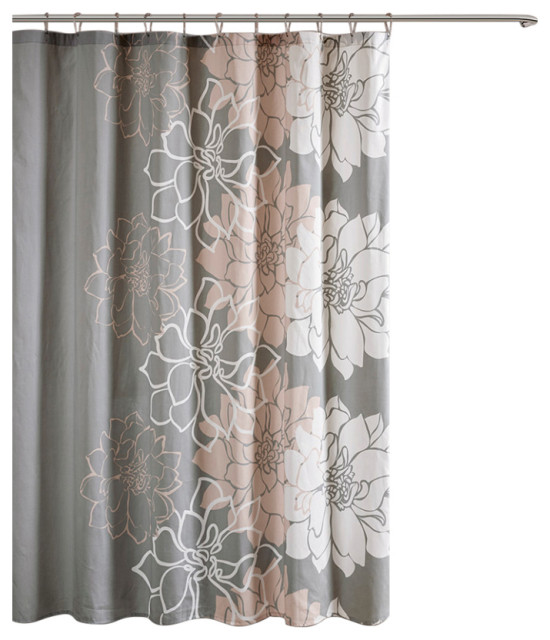 Madison Park Lola 100% Cotton Floral Printed Shower Curtain, Grey/Peach