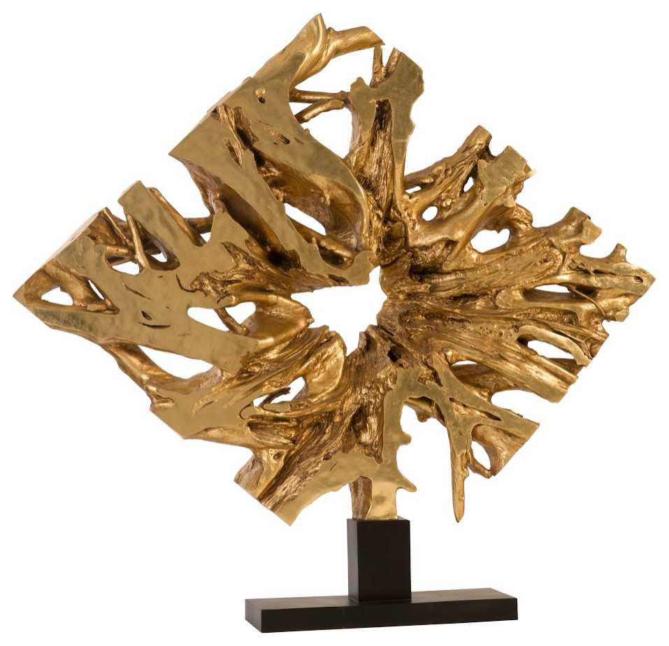 Cast Teak Root Sculpture On Base, Gold leaf