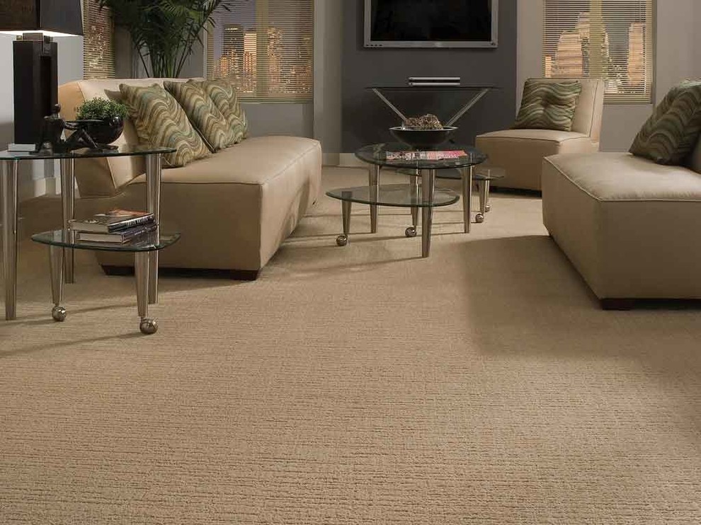 Mid-sized transitional formal and open concept carpeted and beige floor living room photo in Baltimore with gray walls, a wall-mounted tv and no fireplace