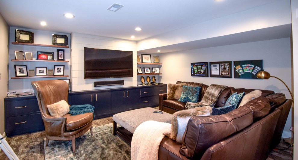 Mid-sized transitional walk-out vinyl floor basement photo with white walls