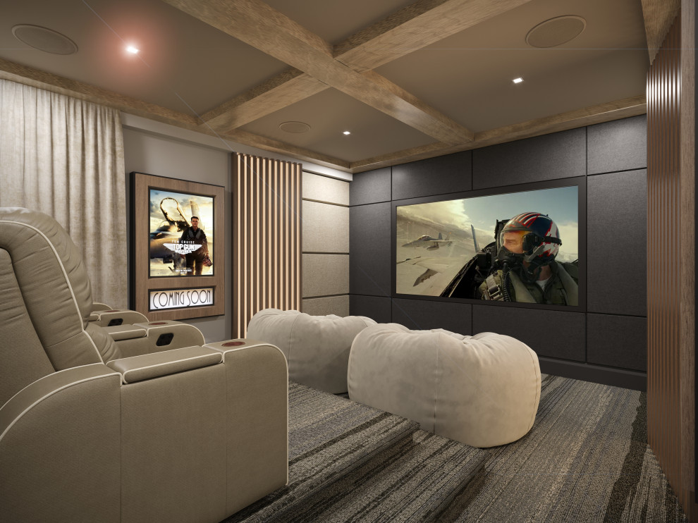 Foto de cine en casa cerrado clásico renovado de tamaño medio con paredes beige, moqueta, pantalla de proyección y suelo gris