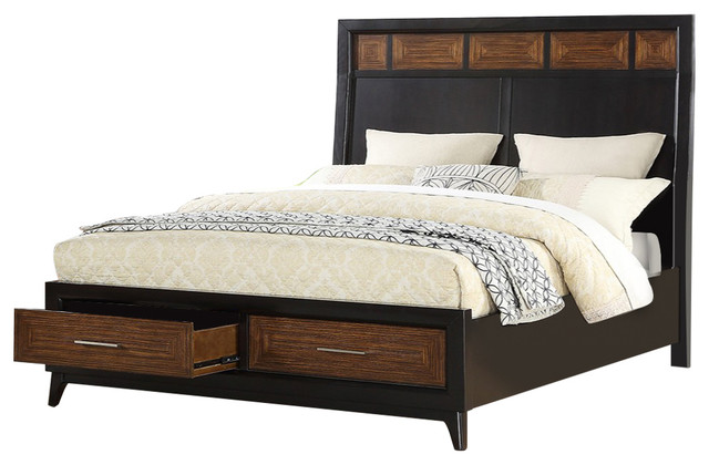 Wooden Eastern King Bed With Black Headboard/2 Footboard Drawers Dark Brown