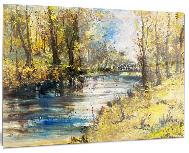 "Bridge Over River Oil Painting" Landscape Painting Metal Wall Art, 28"x12" Contemporary
