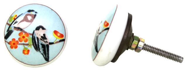 Set of Four Ceramic Knobs with Bird Design