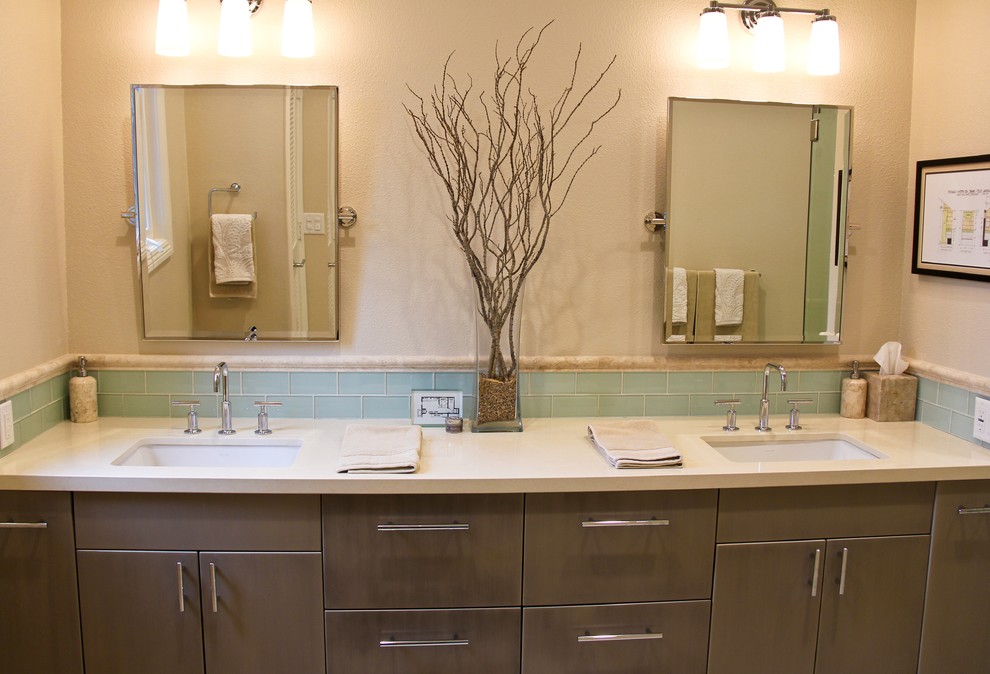 Inspiration for a small transitional master bathroom in San Diego with an undermount sink, flat-panel cabinets, grey cabinets, engineered quartz benchtops, a corner shower, a two-piece toilet, green tile, glass tile, beige walls and marble floors.