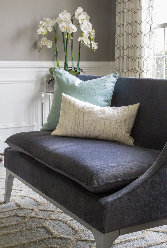 Inspiration for a large transitional formal and open concept dark wood floor and brown floor home design remodel in DC Metro with gray walls, no fireplace and no tv