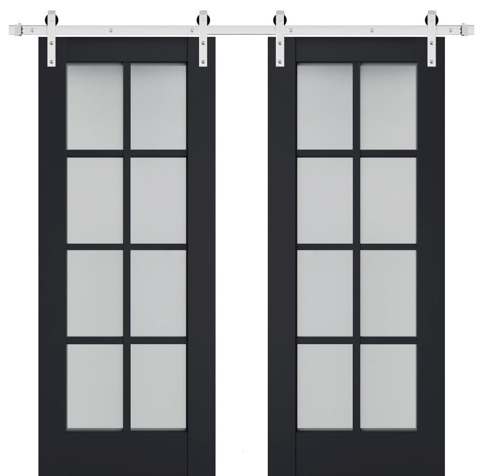 Double Barn Door, Veregio 7412 Antracite & Frosted Glass, Silver 13FT, 64"x80" (2* 32x80