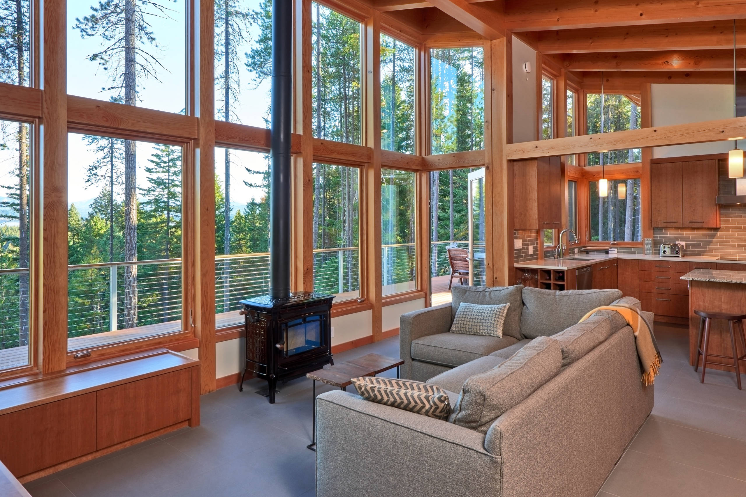 The open living room with northern territorial views of the Cascades.