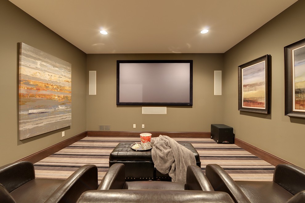 This is an example of a traditional home theatre in Minneapolis with carpet and multi-coloured floor.