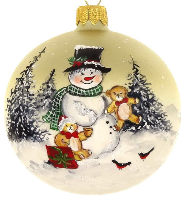 Hand Painted Santa And Teddy Bear European Mouth Blown 4 Ornament