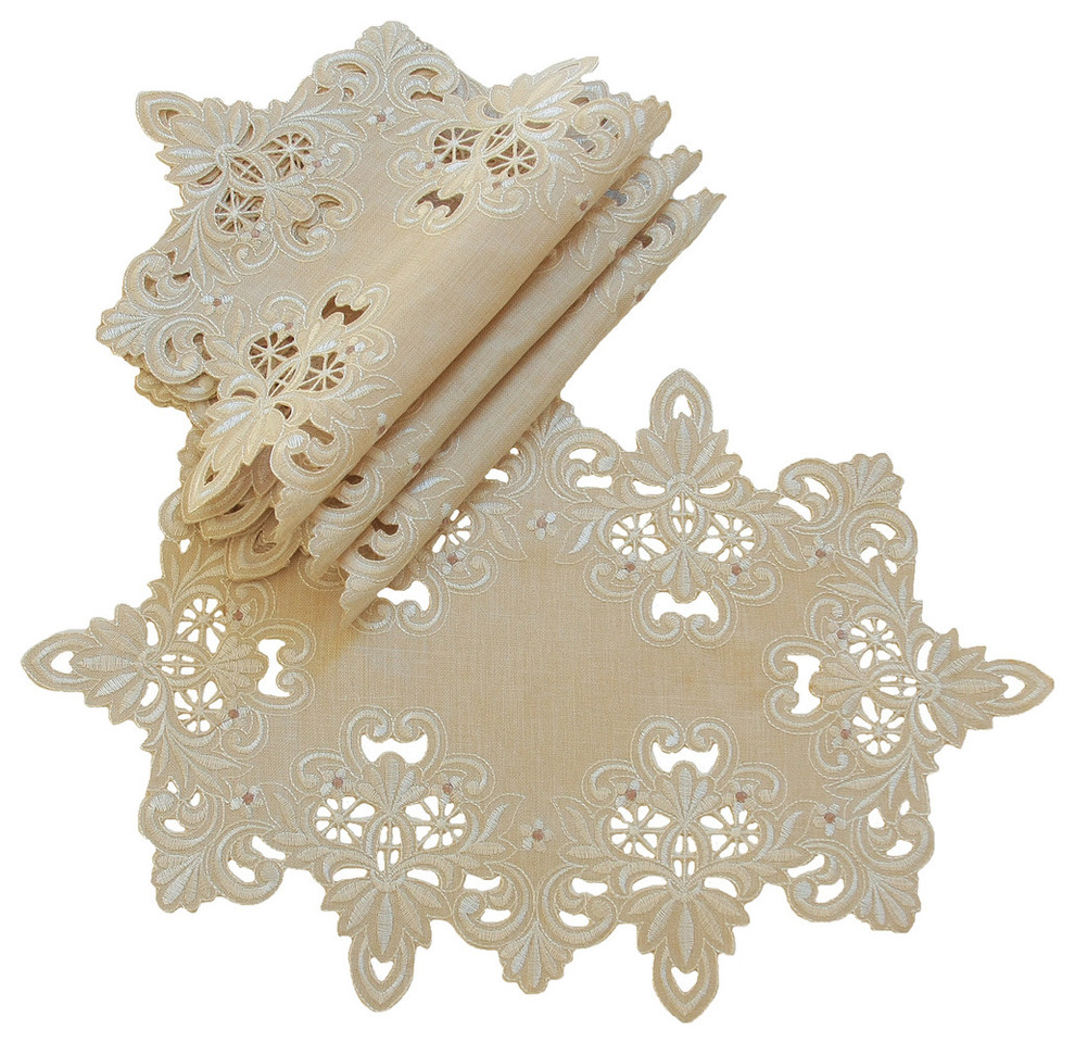 Victorian Lace Embroidered Cutwork Placemats, 12"x18", Taupe, Set of 4