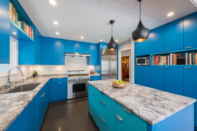 Blue and Aqua Cabinets Make a Splash in a Colorful Kitchen