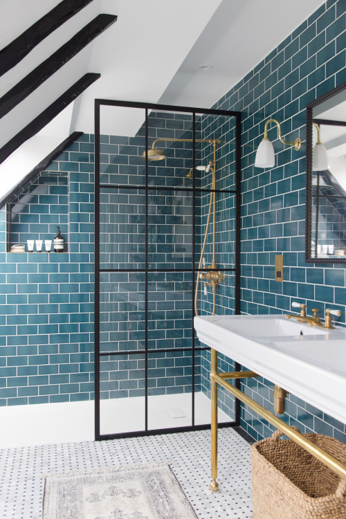 Blue Subway Tiled Shower Walls with Edgy Visual Appeal
