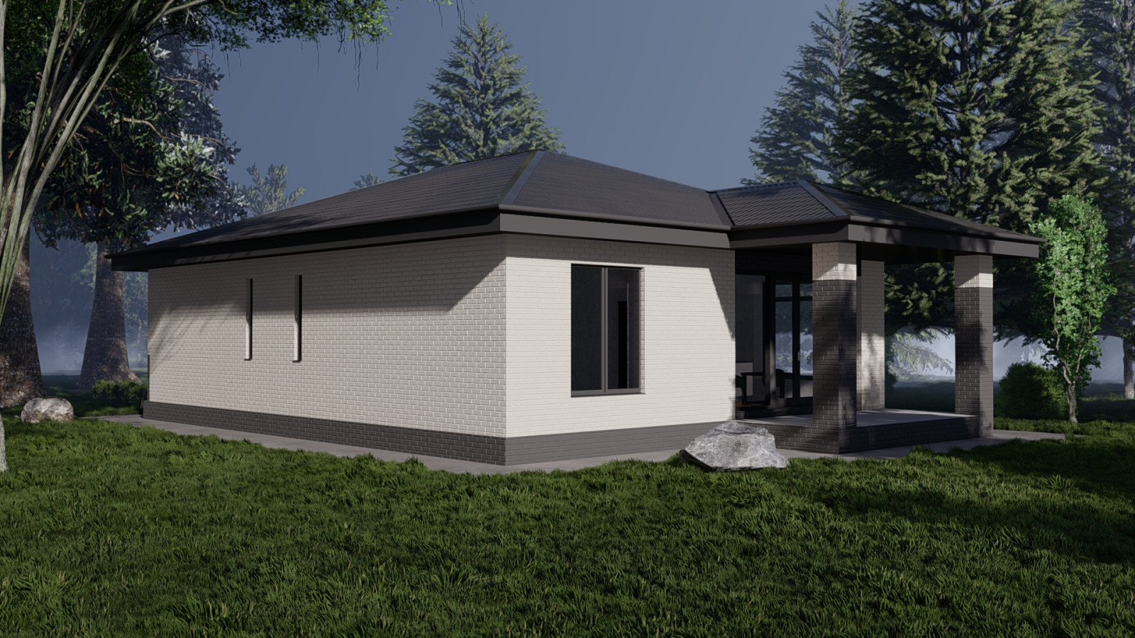 Одноэтажный дом с двумя спальнями, кабинетом и кухней-столовой (107 м2)