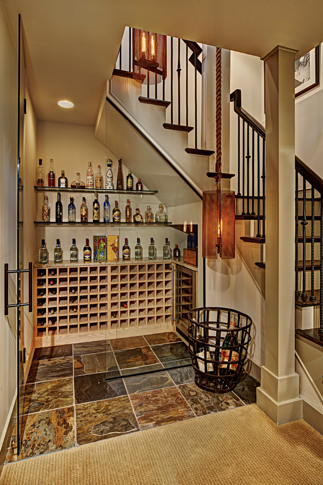 Design ideas for a transitional wine cellar in Detroit with yellow floor.