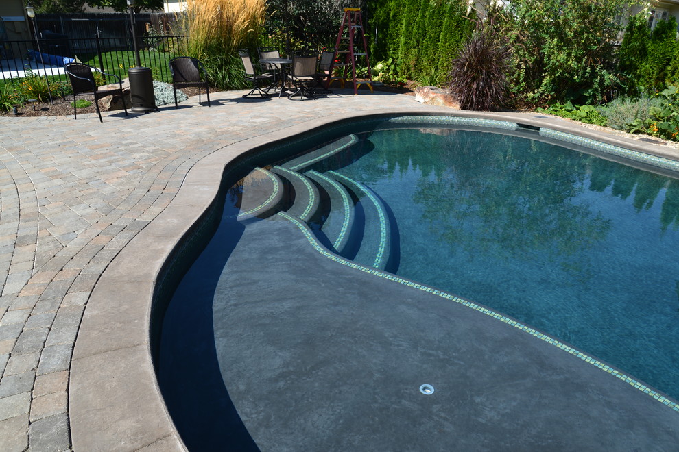 Photo of a large modern backyard custom-shaped pool in Boise with natural stone pavers.