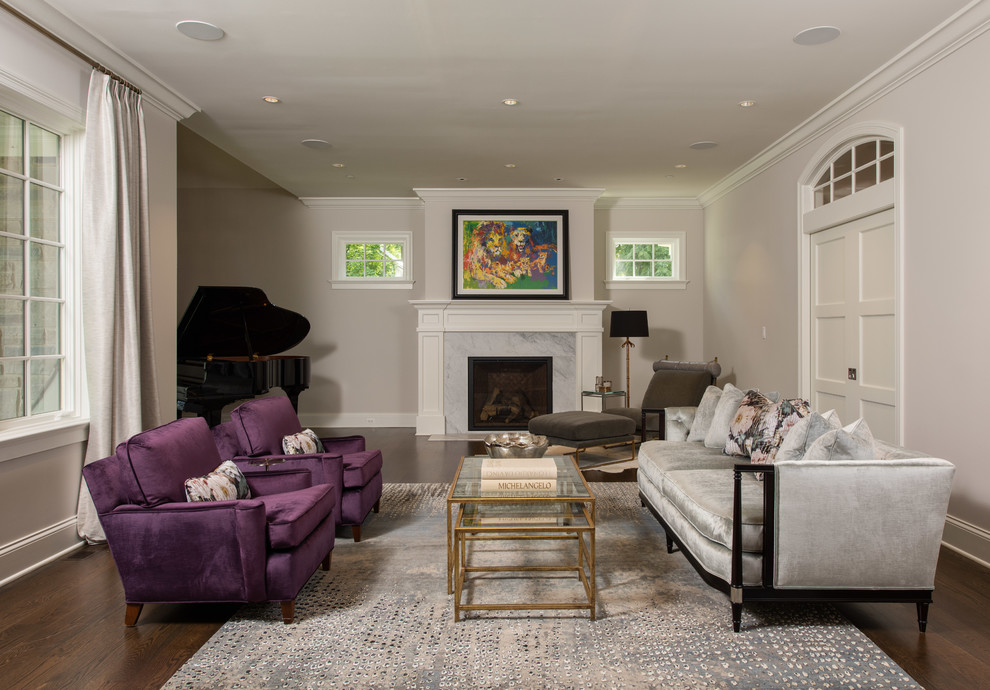 Design ideas for a large traditional enclosed living room in Chicago with dark hardwood floors, a standard fireplace, a stone fireplace surround, no tv, a music area and grey walls.