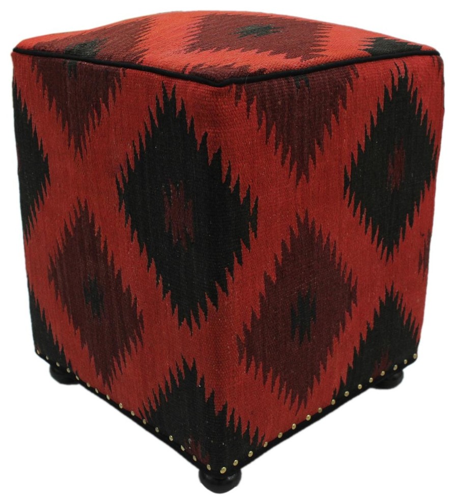Hinds Red/Black Handmade Kilim Upholstered Ottoman, 16"x16"x20" Southwestern Footstools And