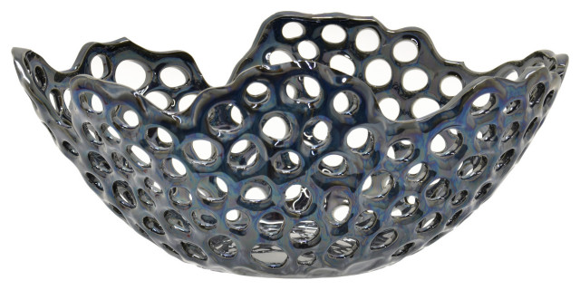 Three Hands Ceramic Bowl Blue Porcelain Ceramic 15 X10 X6inh