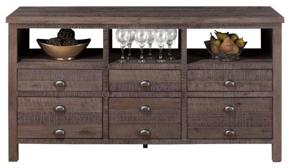 Jofran 067-60 60 Inch Console with 6-Drawer & Wire Rough Hewn Finish - Assembled