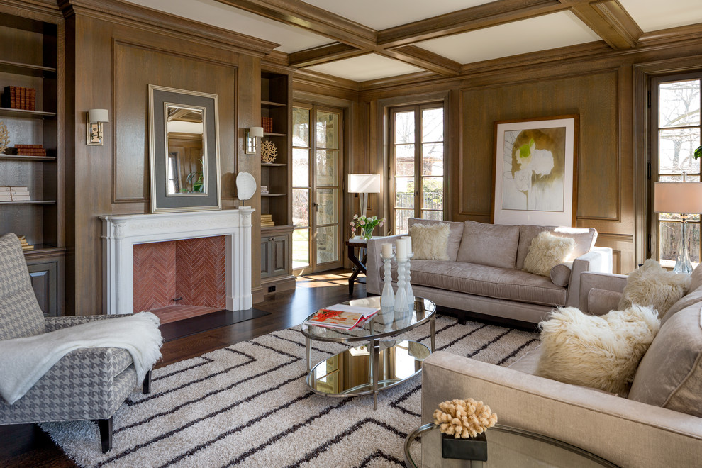 Design ideas for a large traditional formal enclosed living room in New York with brown walls, a standard fireplace, a stone fireplace surround, no tv and dark hardwood floors.