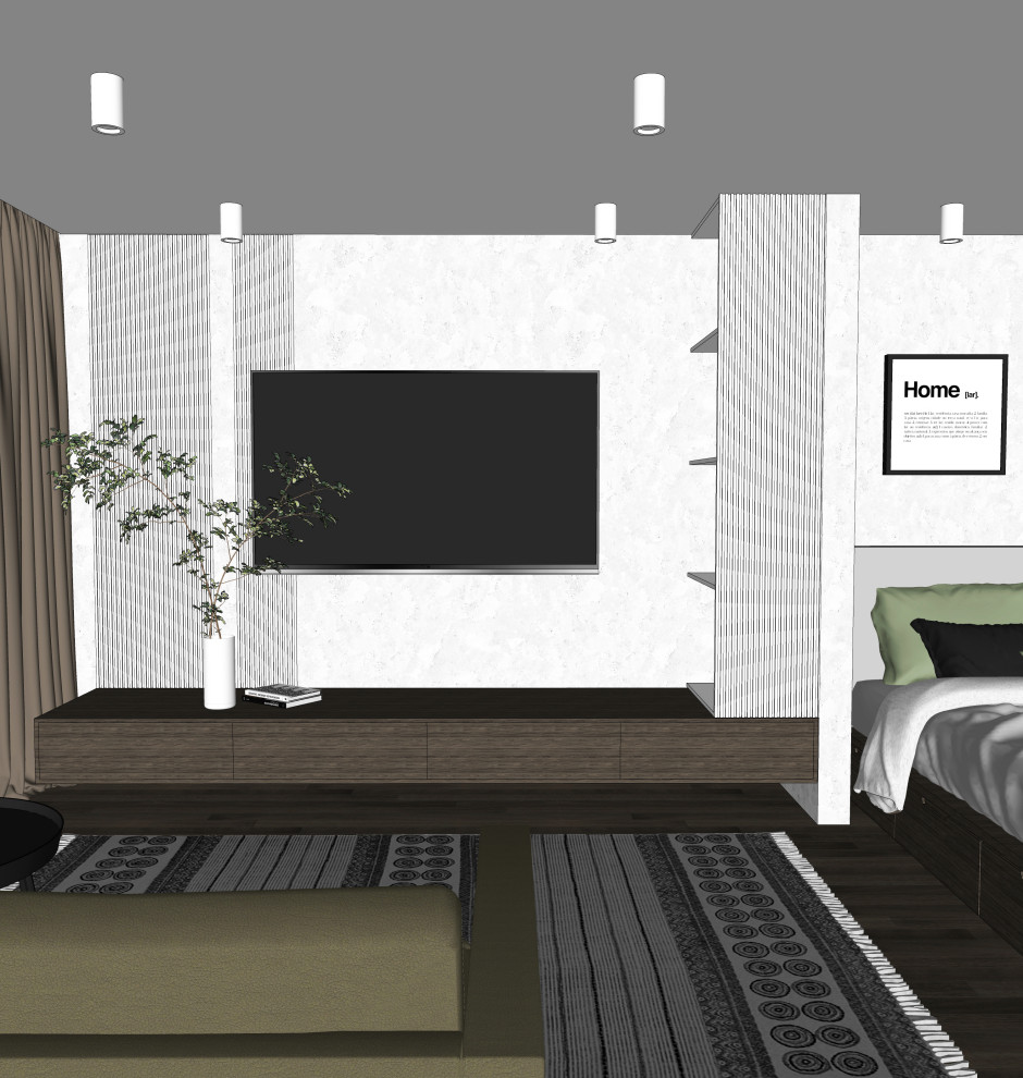 Эскизная визуализация гостиной со спальной зоной в квартире-студии