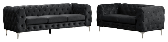 Rebekah 2 Piece Velvet Standard Foam Living Room Set sofa+loveseat, Black Velvet