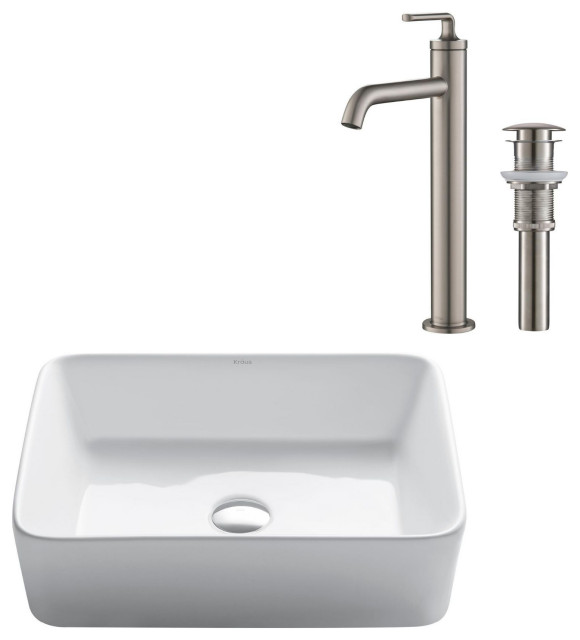 KRAUS Elavo 19" Rectangular Porcelain Vessel Sink With Faucet, Stainless Steel