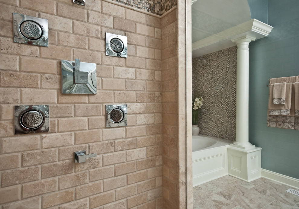 Inspiration for a mid-sized transitional master drop-in bathtub remodel with blue walls and a hinged shower door