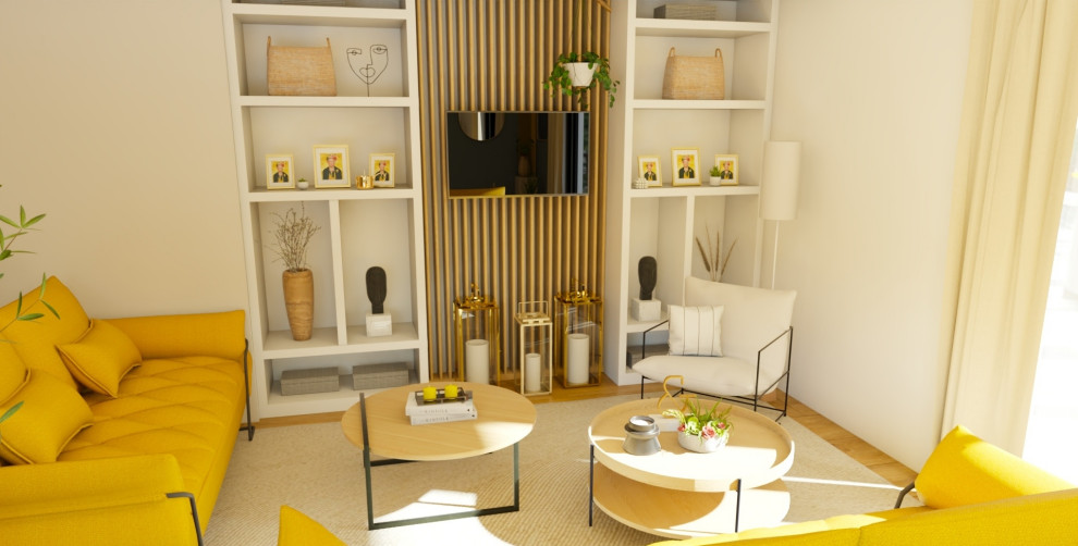 Immagine di un soggiorno contemporaneo di medie dimensioni e aperto con libreria, pareti beige, parquet chiaro, nessun camino, TV a parete e pavimento beige