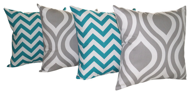 Premier Prints Zig Zag Turquoise And Emily Storm Gray Throw Pillow, Set of 4