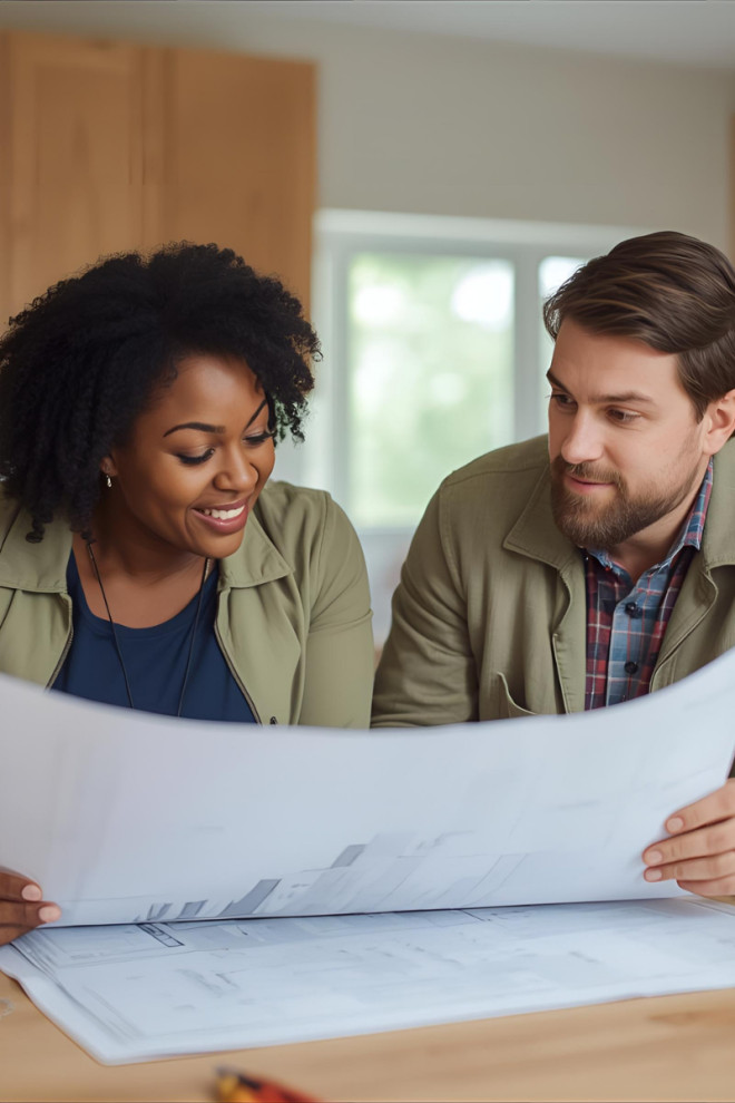A candid shot of a builder showing plans to a client at a kitchen table or on-site.