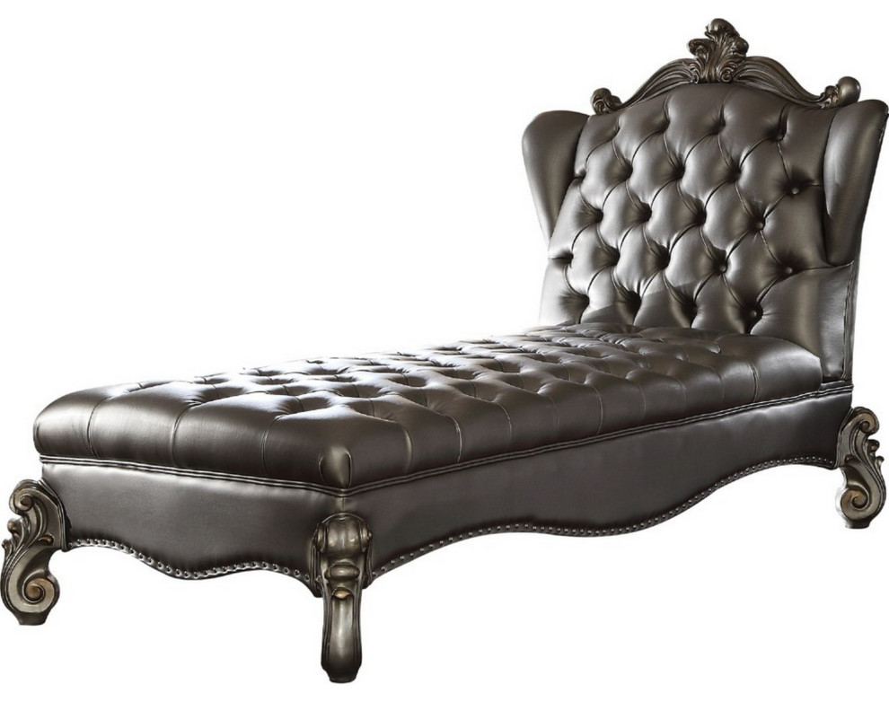 Benzara BM185934 Wooden Chaise Lounge With Wingback, Antique Platinum/Silver