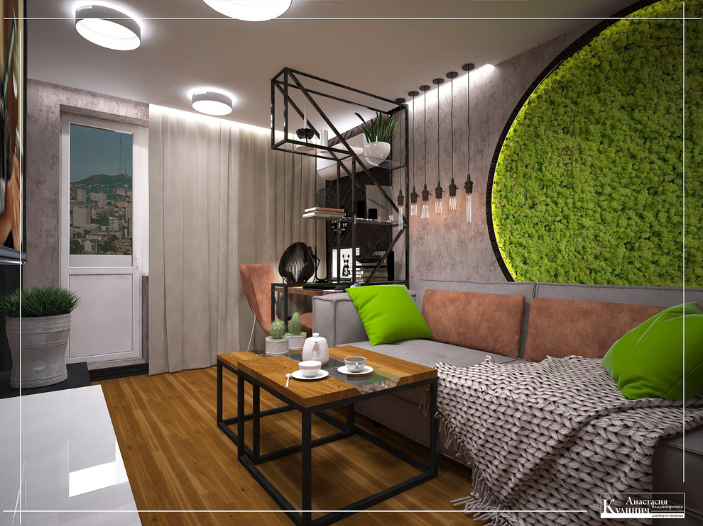 Симбиоз лофта и эко. Гостиная.