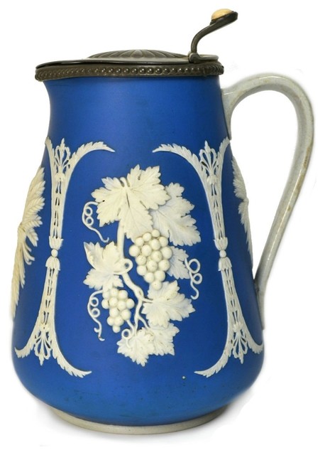 Consigned Jasperware Blue&White Ceramic Jug w/ Pewter Lid, in Wedgwood Style