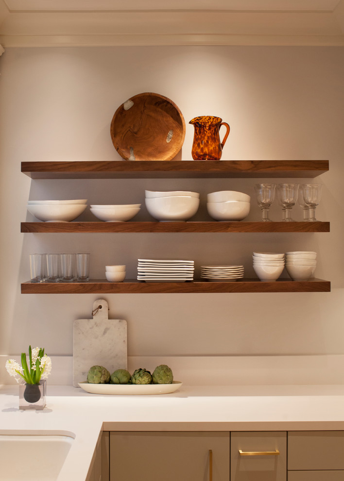 Floating Walnut Shelves for Kitchen Storage Transitional Kitchen