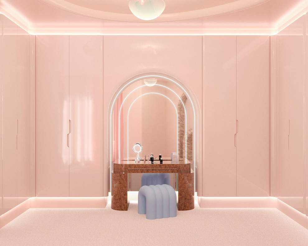 Modernes Ankleidezimmer mit Teppichboden und rosa Boden in Miami