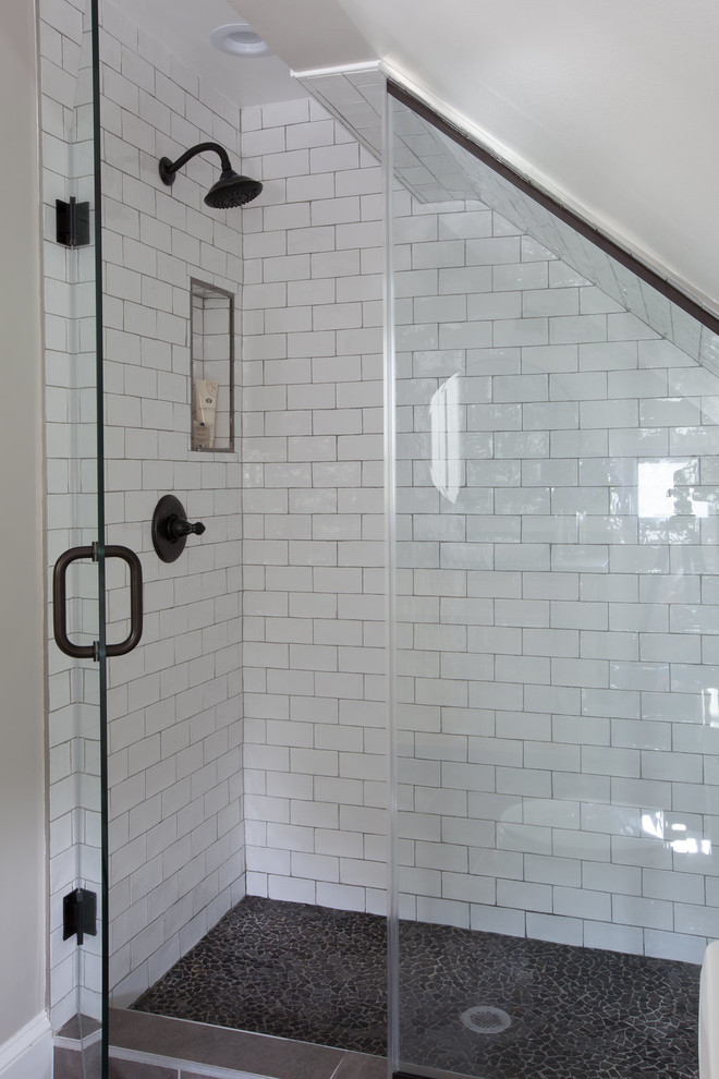 Alcove shower - small rustic master white tile and porcelain tile porcelain tile and gray floor alcove shower idea in DC Metro with furniture-like cabinets, medium tone wood cabinets, a one-piece toilet, white walls, a vessel sink, granite countertops and a hinged shower door