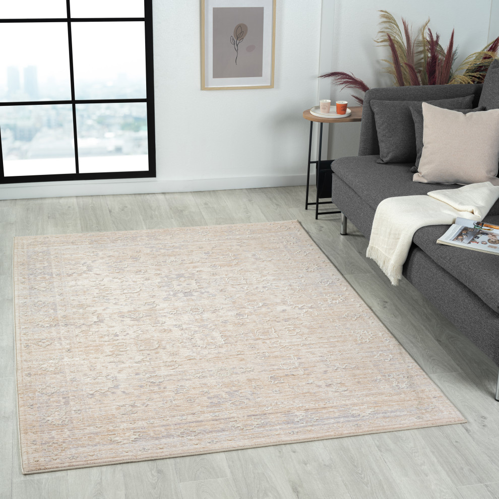 Alistaire Ivory/Beige/Gray Bordered Classic High-Low Area Rug, 9' X 11'10"
