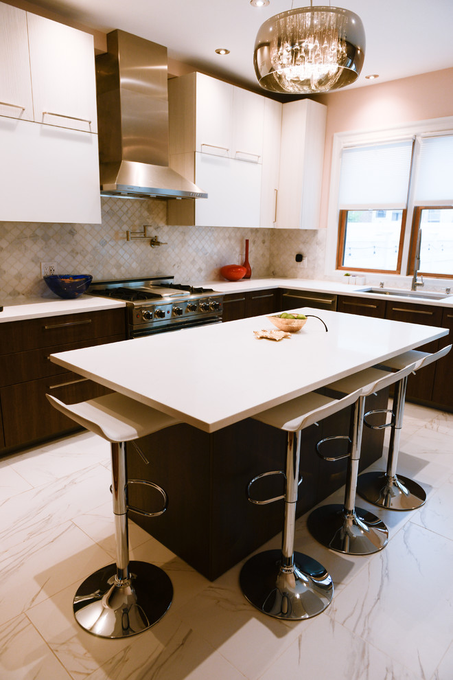 This is an example of a mid-sized contemporary l-shaped eat-in kitchen in New York with an undermount sink, flat-panel cabinets, brown cabinets, quartz benchtops, grey splashback, ceramic splashback, stainless steel appliances, porcelain floors and with island.