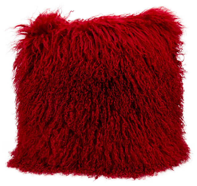 Mina Victory Couture Fur Tibetan Sheepskin Red Throw Pillow