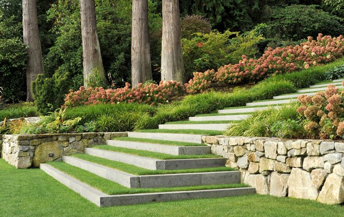 Tread stairs and hydrangea beds by Peter Atkins