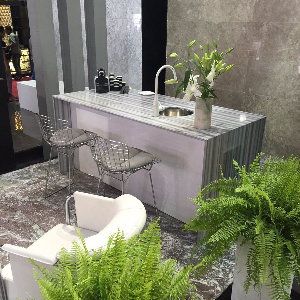 Kitchen - small marble floor kitchen idea with a single-bowl sink, white cabinets and marble countertops