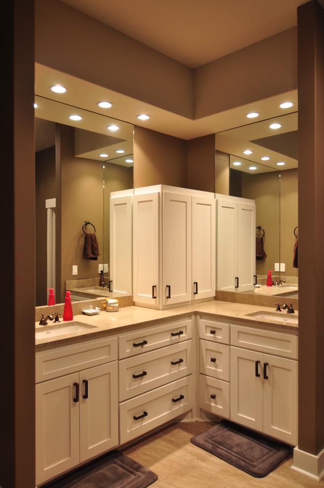 Design ideas for a mid-sized contemporary master bathroom in Little Rock with an undermount sink, shaker cabinets, engineered quartz benchtops, beige tile, porcelain tile, brown walls and porcelain floors.