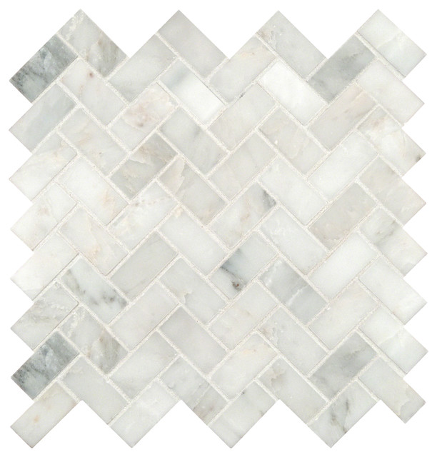 Grayish White Herringbone Pattern Honed Marble Mesh Mounted Mosaic Grayish White Herringbone Pattern Honed Marble Mesh Mounted Mosaic Tile Sample